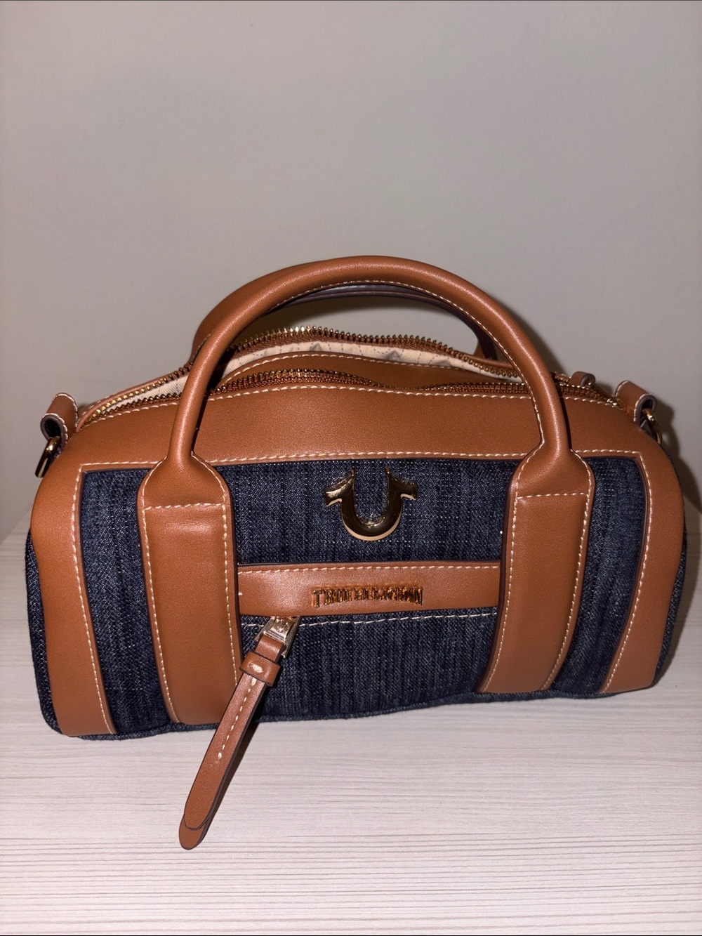 True Religion Denim and Brown Mini Barrel Bag